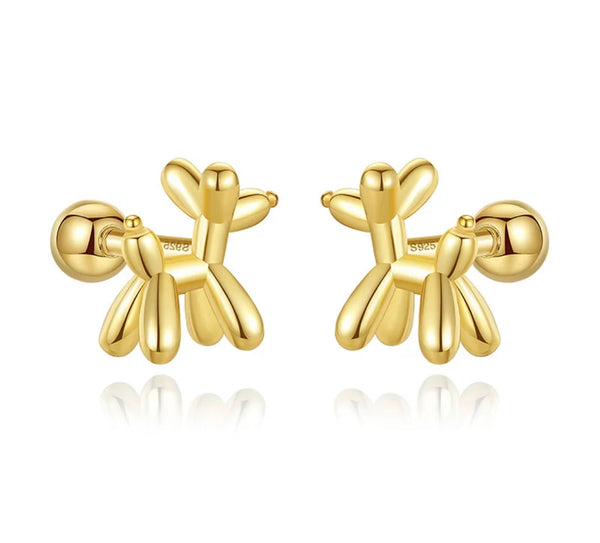 925 Sterling Silver 18K Gold Plated Balloon Dog Screw Back Earrings for Baby Kids & Teens