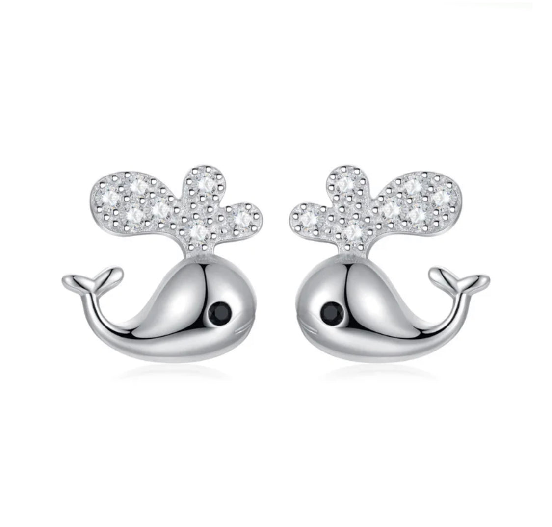 925 Sterling Silver Rhodium Plated CZ Stones Whale Push Back Earrings