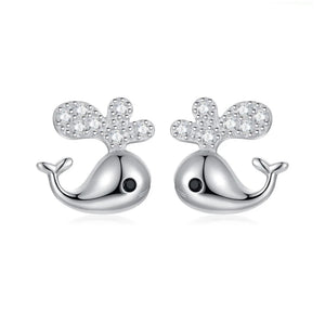 925 Sterling Silver Rhodium Plated CZ Stones Whale Push Back Earrings