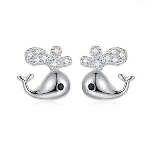 925 Sterling Silver Rhodium Plated CZ Stones Whale Push Back Earrings