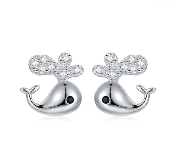 925 Sterling Silver Rhodium Plated CZ Stones Whale Push Back Earrings