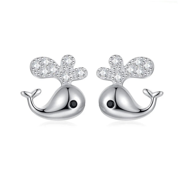 925 Sterling Silver Rhodium Plated CZ Stones Whale Push Back Earrings