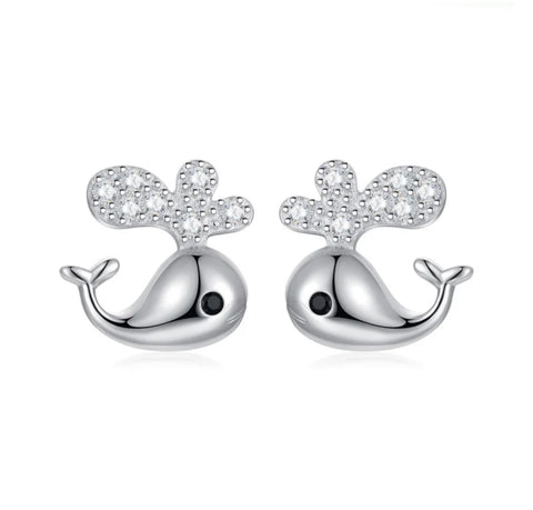 925 Sterling Silver Rhodium Plated CZ Stones Whale Push Back Earrings