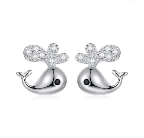 925 Sterling Silver Rhodium Plated CZ Stones Whale Push Back Earrings
