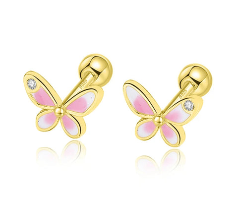 925 Sterling Silver 18K Gold Plated White & Pink Enamel Butterfly Screw Back Earrings for Baby Kids & Teens