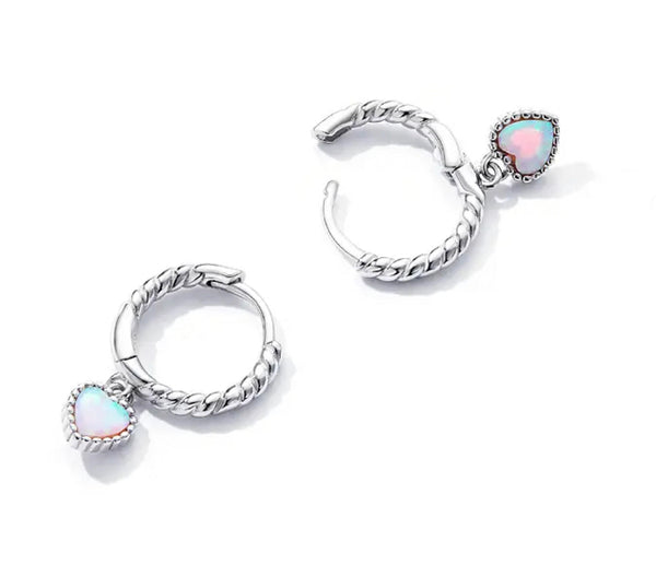 925 Sterling Silver Rhodium Plated, Opal Crystals Heart Huggie Hoop Earrings for Kids & Teens