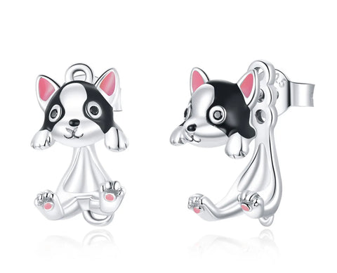 925 Sterling Silver Platinum Plated Enamel Dog Push Back Earring for Kids & Teens