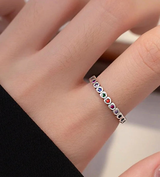 925 Sterling Silver Rainbow Heart CZ Stones Ring for Kids & Teens