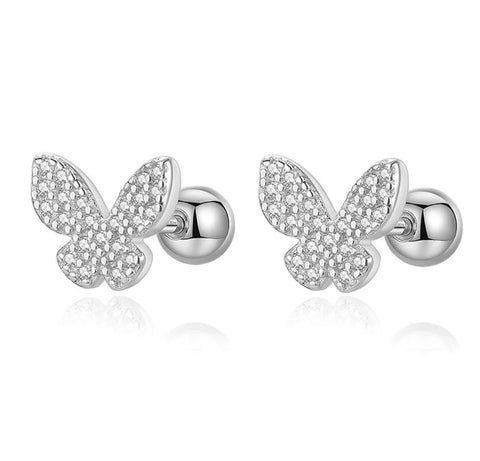925 Sterling Silver Rhodium Plated Pavé CZ Stones Butterfly Screw Back Earrings for Baby Kids & Teens