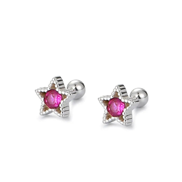 925 Sterling Silver Rhodium Plated Red CZ Stones Star Screw BackEarrings for Baby Kids & Teens