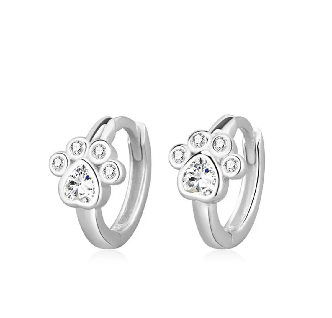 925 Sterling Silver Rhodium Plated CZ Stones Paw Print Huggie Hoop Earrings for Toddler Kids & Teens