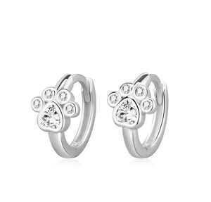 925 Sterling Silver Rhodium Plated CZ Stones Paw Print Huggie Hoop Earrings for Toddler Kids & Teens