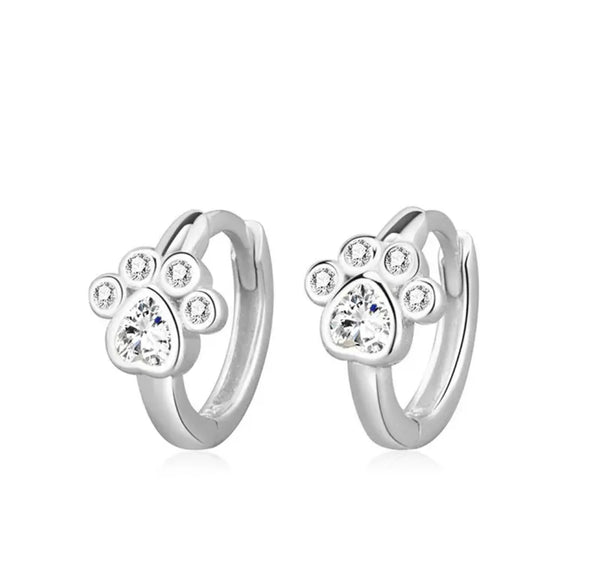 925 Sterling Silver Rhodium Plated CZ Stones Paw Print Huggie Hoop Earrings for Toddler Kids & Teens
