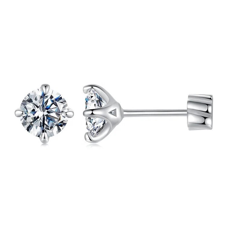 925 Sterling Silver Rhodium Plated Moissanite Diamond 5 mm Screw Back Earrings For Baby, Kids, Teens