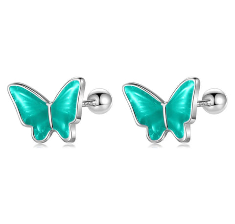 925 Sterling Silver Rhodium Plated Aqua Green Enamel Butterfly Screw Back Earrings for Toddler Kids & Teens