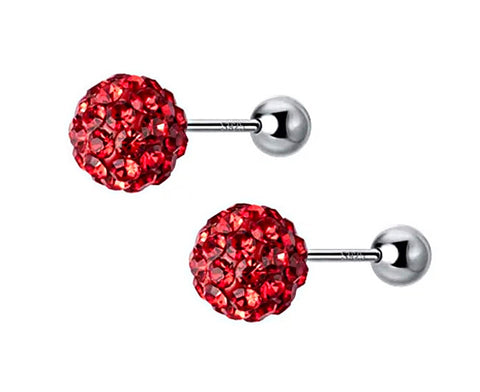 925 Sterling Silver Rhodium Plated Red Crystal Stones Round Screw Back Earrings for Baby Kids & Teens