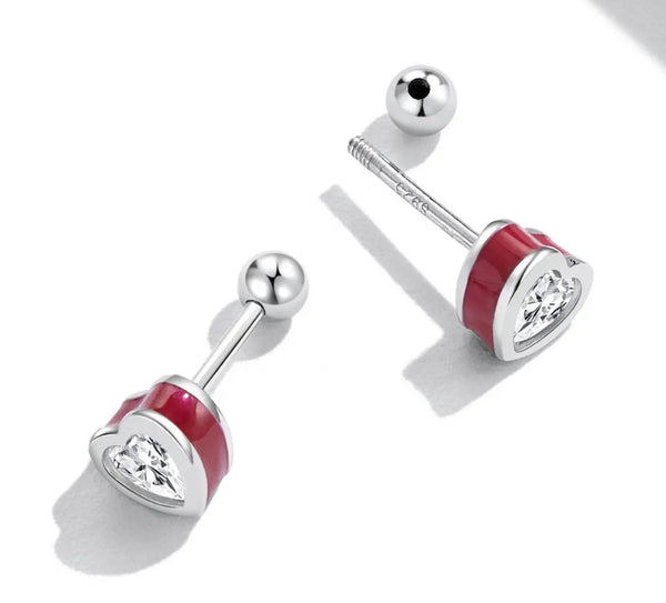 925 Sterling Silver Red Enamel Heart CZ Stones Screw Back Earrings for Baby, Kids & Teens