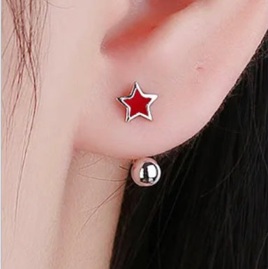 925 Sterling Silver Rhodium Plated Red Enamel Star Double Screw Back Earrings for Kids & Teens