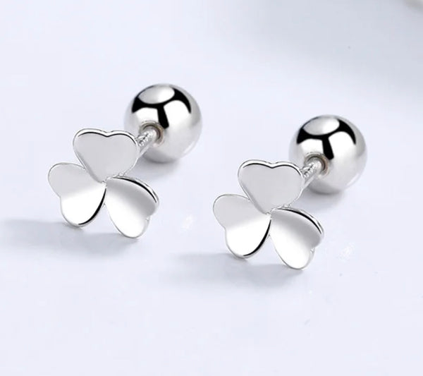 Sterling Silver Rhodium Plated Three Leaf Clover Screw Back Earrings for Baby Kids & Teens