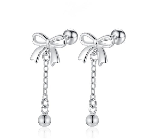 925 Sterling Silver Platinum Plated Bow with Jingle Screw Back Earrings for Kids & Teens