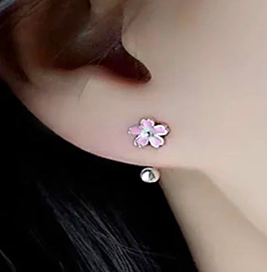 925 Sterling Silver Rhodium Plated Pink & White Enamel Flower Double Charm Double Screw Back Earrings for Kids & Teens