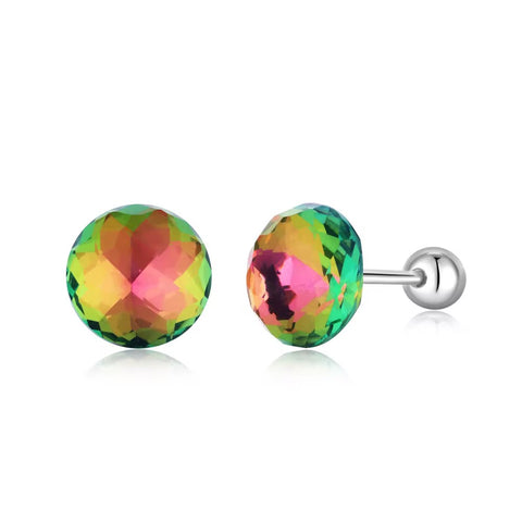 925 Sterling Silver Rhodium Plated Multicolour Crystal Stones Round Screw Back Earrings for Kids & Teens