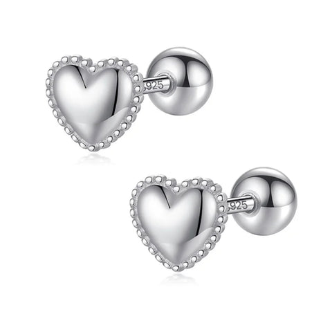 925 Sterling Silver Rhodium Plated Polished Heart Screw Back Earrings for Baby Kids & Teens