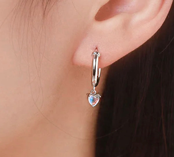 925 Sterling Silver Rhodium Plated Moonstar Opal Stone Huggie Earrings for Kids & Teens
