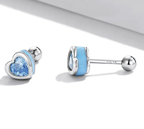 925 Sterling Silver Blue Enamel CZ Stones Heart Screw Back Earrings