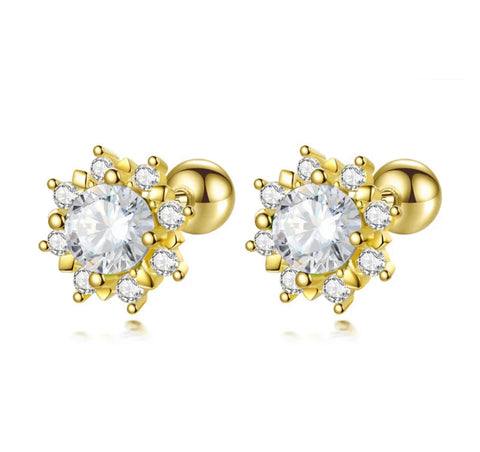 925 Sterling Silver 18K Gold Plated Sparkling Flower CZ Stones Screw Back Earrings for Baby Kids & Teens