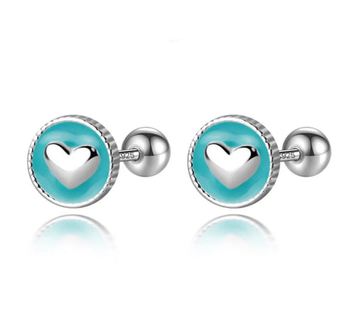 925 Sterling Silver Platinum Plated Aqua Enamel Heart Screw Back Earrings for Baby Kids & Teens
