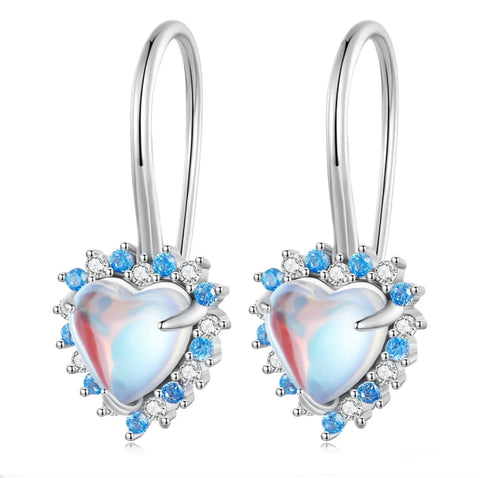 925 Sterling Silver Rhodium Plated White/Blue CZ & Colourful Stone Heart Huggie Earrings for Kids & Teens