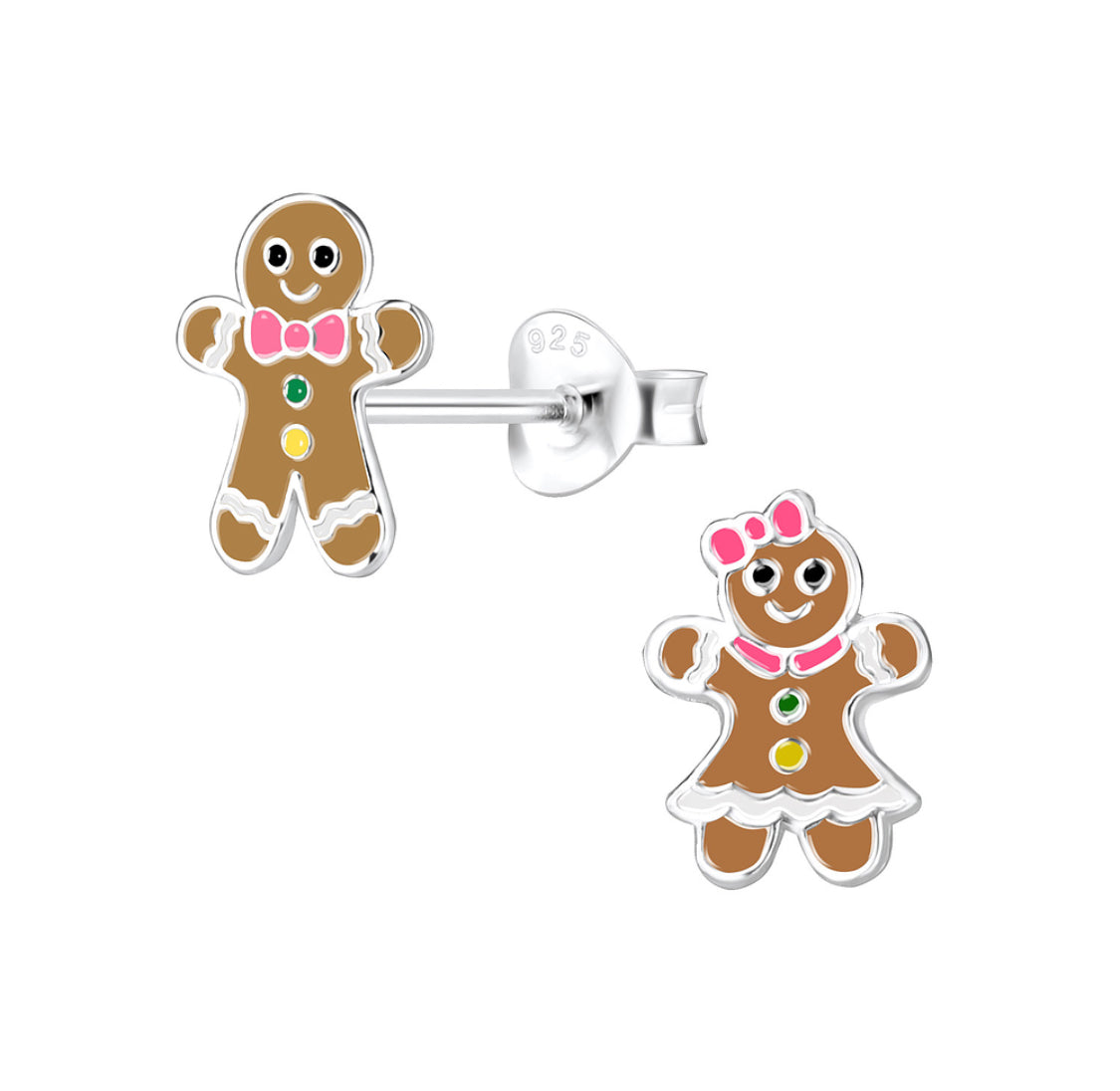 925 Sterling Silver Enamel Holiday Gingerbread Cookies Push Back Earrings for Kids & Teens
