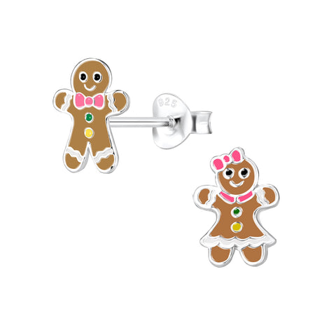 925 Sterling Silver Enamel Holiday Gingerbread Cookies Push Back Earrings for Kids & Teens