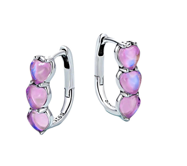 925 Sterling Silver Opal Crystals Triple Heart Huggie Hoop Earrings for Kids & Teens