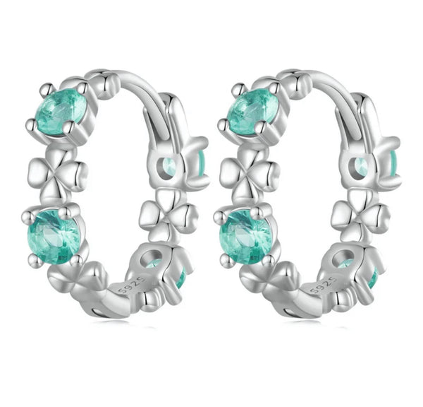 925 Sterling Silver CZ Stones Four Leaf Clover Huggie Hoop Earrings fo Toddler, Kids & Teens