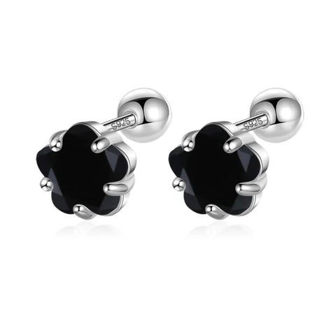 925 Sterling Silver Rhodium Plated 6 mm Black CZ Stones Screw Back Earrings For Baby, Kids, Teens