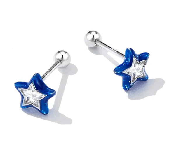 925 Sterling Silver Platinum Plated Glitter Enamel CZ Stones Star Screw Back Earrings for Baby Kids & Teens