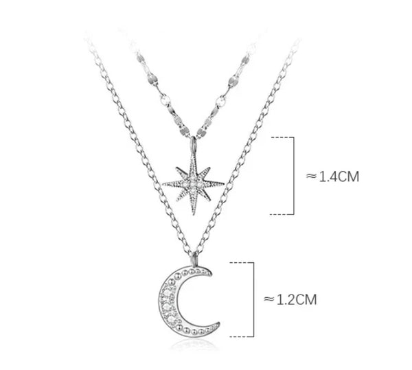 925 Sterling Silver Rhodium Plated Double Charm & Chain Pavè CZ Stones Moon & Star Necklace for Kids & Teens