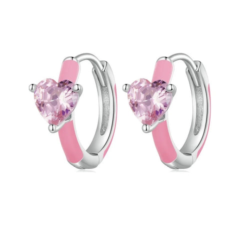 925 Sterling Silver Pink Enamel & CZ Heart Stones Huggie Hoop Earrings for Toddler Kids & Teens