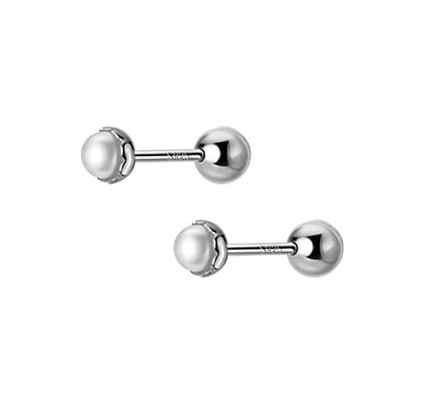 925 Sterling Silver Rhodium Plated Small Flower Pearl Screw Back Earrings for Baby Kids & Teens