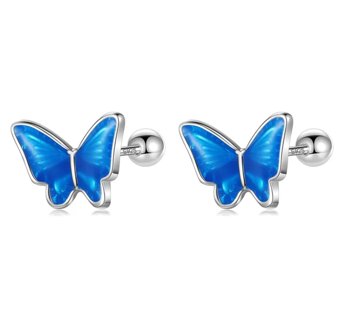 925 Sterling Silver Rhodium Plated Blue Enamel Butterfly Screw Back Earrings for Toddler Kids & Teens