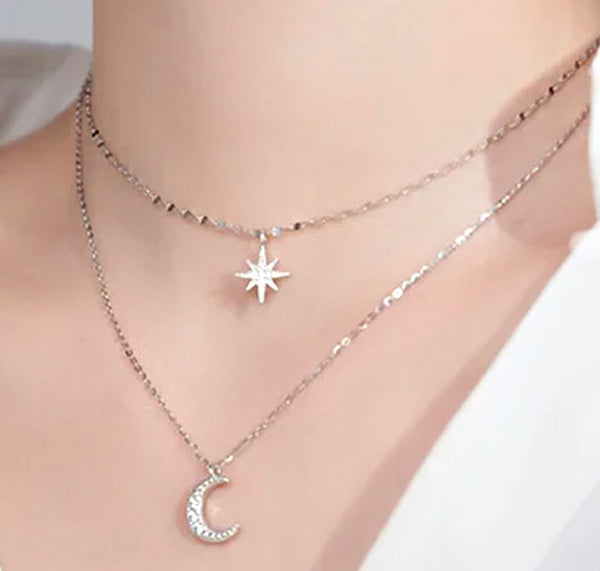 925 Sterling Silver Rhodium Plated Double Charm & Chain Pavè CZ Stones Moon & Star Necklace for Kids & Teens