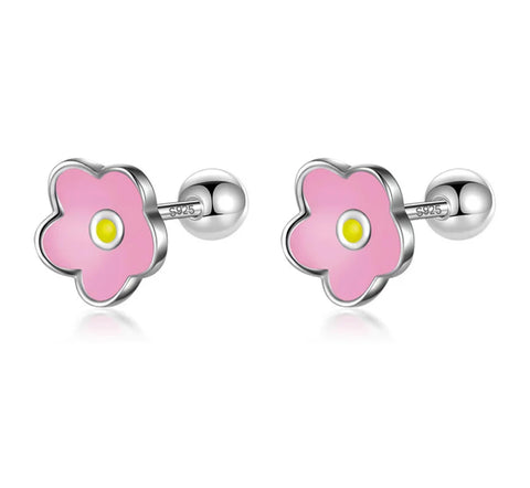 925 Sterling Silver Rhodium Plated Pink Enamel Flower Screw Back Earrings for Baby Kids & Teens