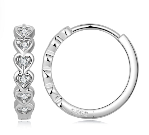 925 Sterling Silver Platinum Plated Clear  CZ Stones Heart Huggie Earrings for Kids & Teens