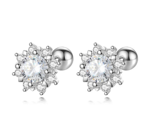 925 Sterling Silver Rhodium Plated Sparkling Flower CZ Stones Screw Back Earrings for Baby Kids & Teens