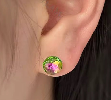 925 Sterling Silver Rhodium Plated Multicolour Crystal Stones Round Screw Back Earrings for Kids & Teens