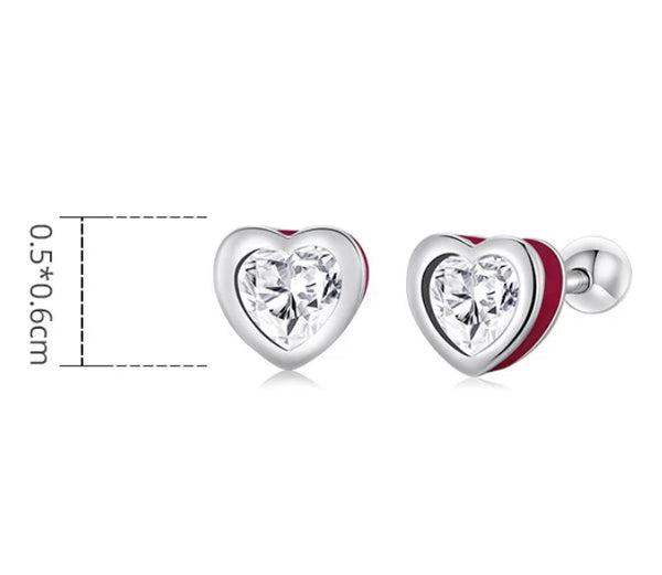 925 Sterling Silver Red Enamel Heart CZ Stones Screw Back Earrings for Baby, Kids & Teens