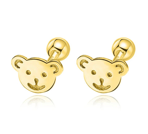 925 Sterling Silver 18K Gold Plated Bear Screw Back Earrings for Baby Kids & Teens
