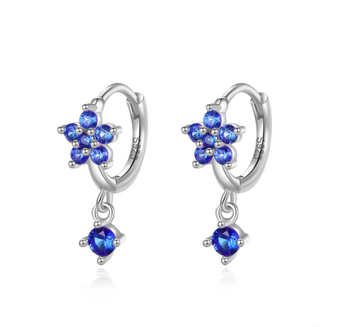925 Sterling Silver Rhodium Plated Blue CZ Stones Flower with Charm Huggie Hoop Earrings For Kids & Teens